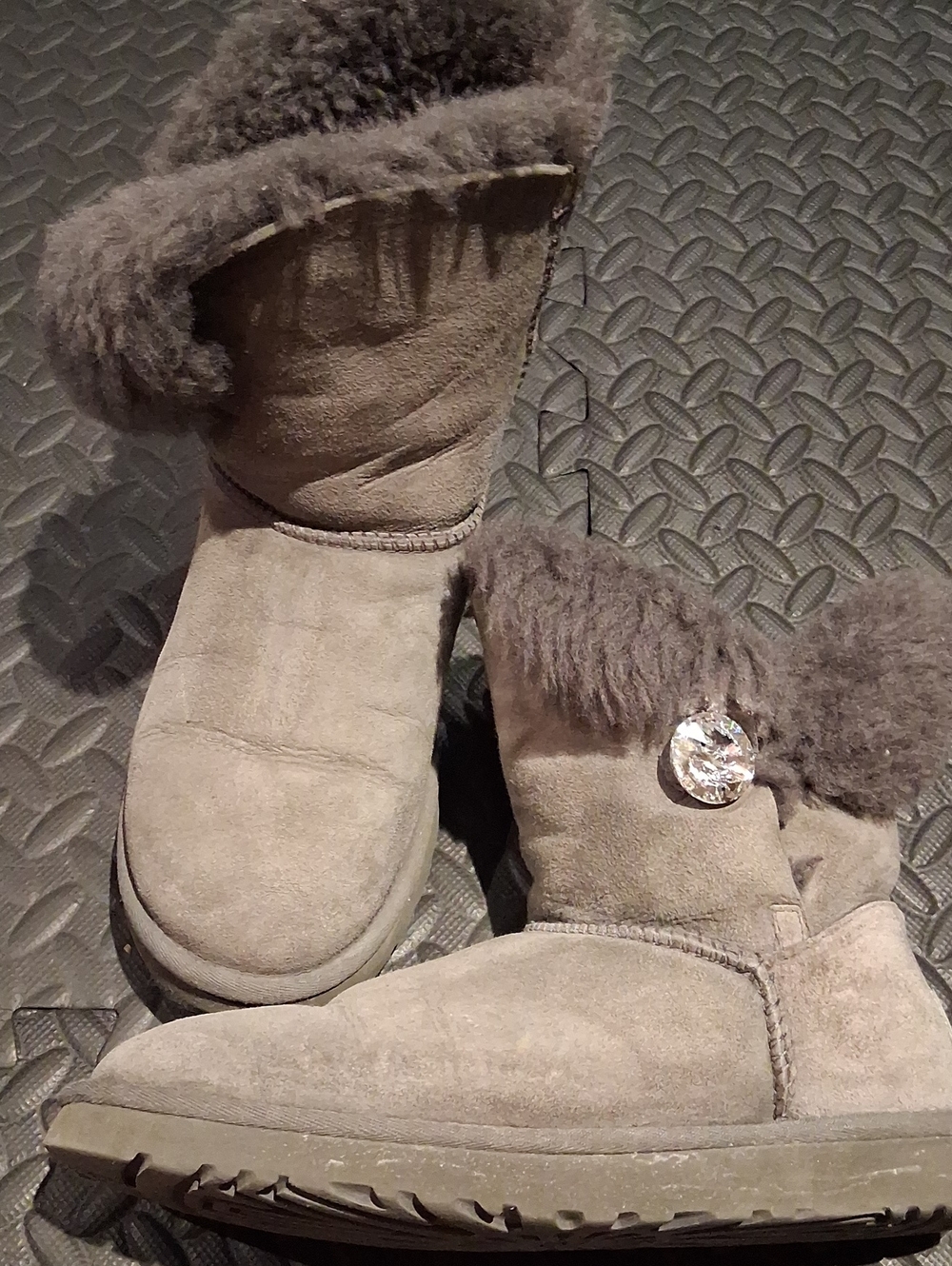 Ugg Women’s Gray Suede Shearling Button Boots With Crystal Button - Size 7